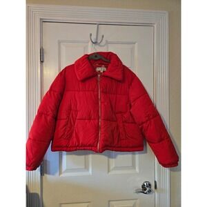 Miss Selfridge Red Puffer Jacket With Heart Zipper Pull Women US 10